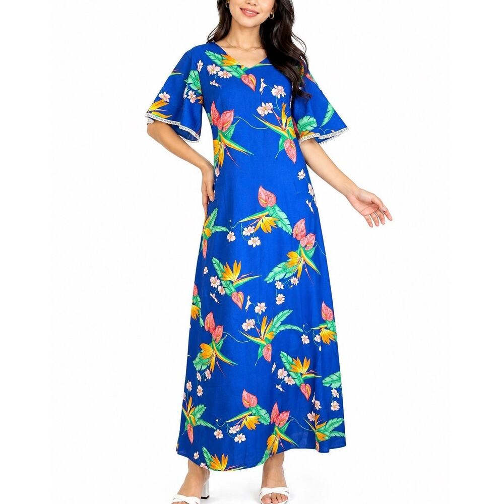 Vintage Made In Hawaii Maxi Dress Blue White Tropical Floral Lace Flutter Sleeve